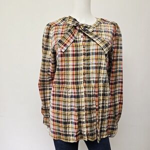Pilcro Anthropologie Blouse L Shirt Buttondown Plaid Neck Tie Long Slv Top NWT